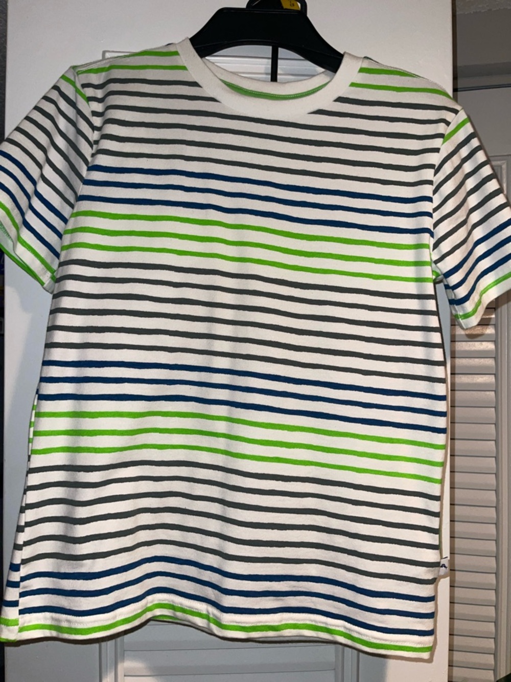 Lucky Brand White Tee with Blue, Lime Green, and Gray Stripes